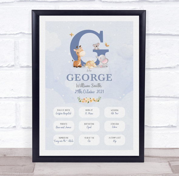 New Baby Birth Details Christening Nursery Blue Initial G Keepsake Gift Print