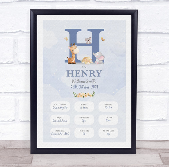 New Baby Birth Details Christening Nursery Blue Initial H Keepsake Gift Print