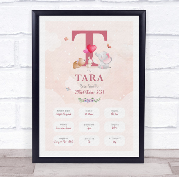 New Baby Birth Details Christening Nursery Pink Initial T Keepsake Gift Print