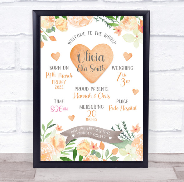 New Baby Birth Details Nursery Christening Orange Floral Keepsake Gift Print