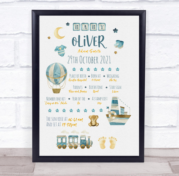 New Baby Birth Details Christening Nursery Boat Train Keepsake Gift Print