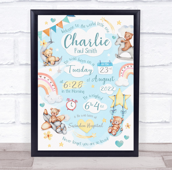 New Baby Birth New-born Nursery Christening Boy Bears Keepsake Gift Print