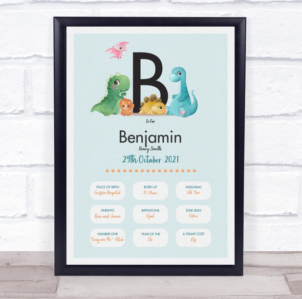 New Baby Birth Details Christening Nursery Dinosaur Initial B Gift Print