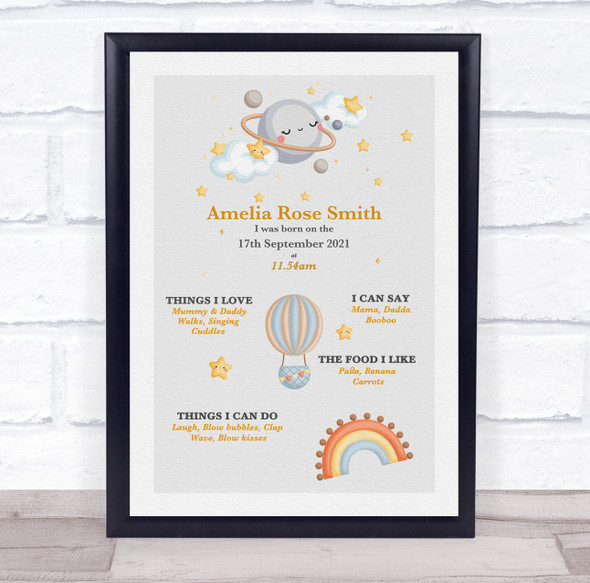 New Baby Birth Details Christening Nursery Moon Stars Rainbow Gift Print