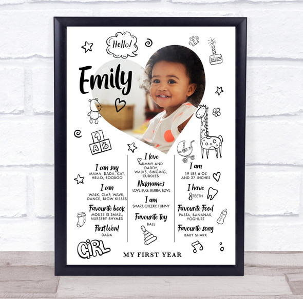 Any Age Birthday Favourite Things Interests Milestones Doodle Girl Photo Print