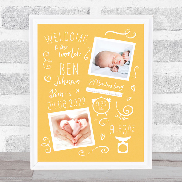 New Baby Birth Details Typographic Doodle 2 Photos Yellow Keepsake Gift Print