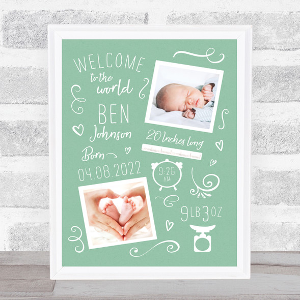 New Baby Birth Details Typographic Doodle 2 Photos Green Keepsake Gift Print