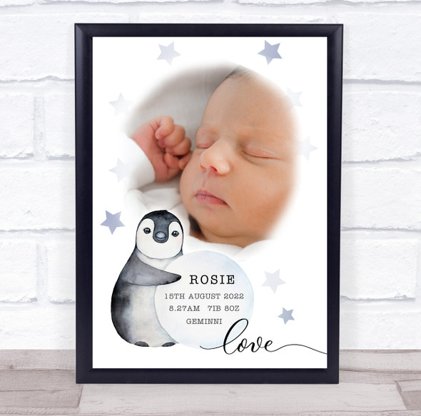 Birth Details Nursery Christening New Baby Penguin Stars Photo Gift Print