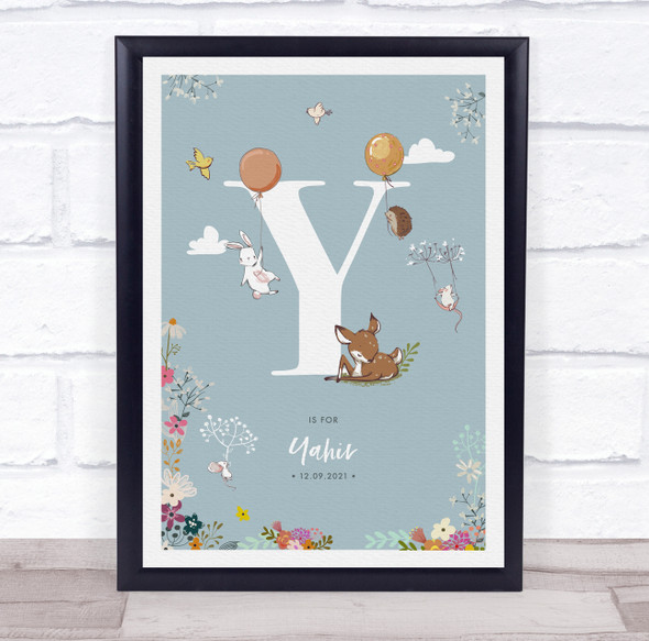 New Baby Birth Details Christening Nursery Woodland Animals Initial Y Gift Print