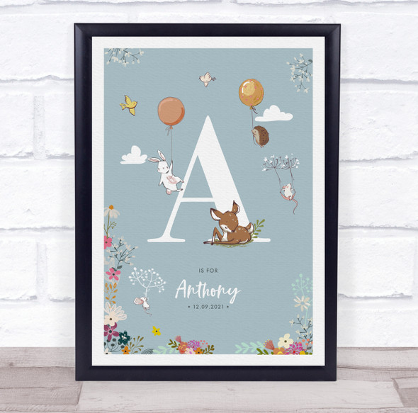 New Baby Birth Details Christening Nursery Woodland Animals Initial A Gift Print