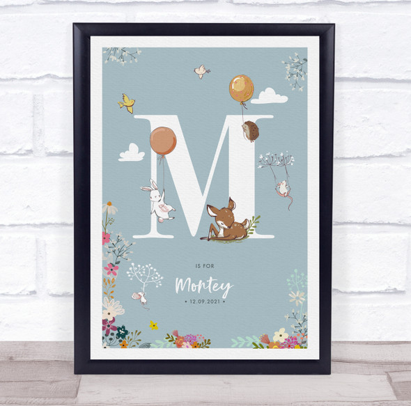 New Baby Birth Details Christening Nursery Woodland Animals Initial M Gift Print