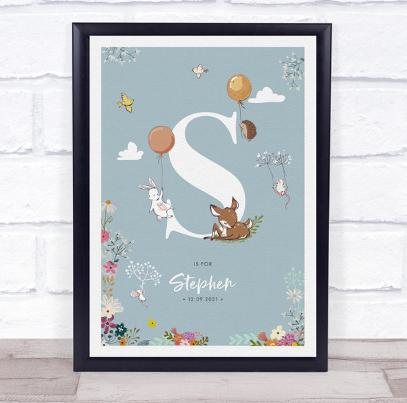 New Baby Birth Details Christening Nursery Woodland Animals Initial S Gift Print