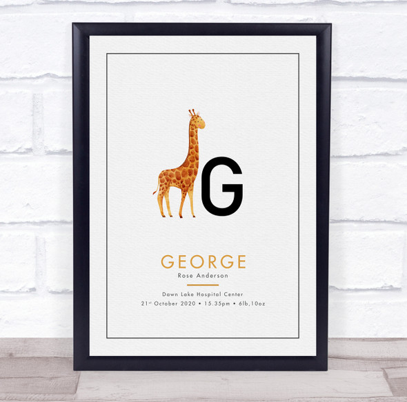 New Baby Birth Details Christening Nursery Initial Giraffe G Keepsake Gift Print