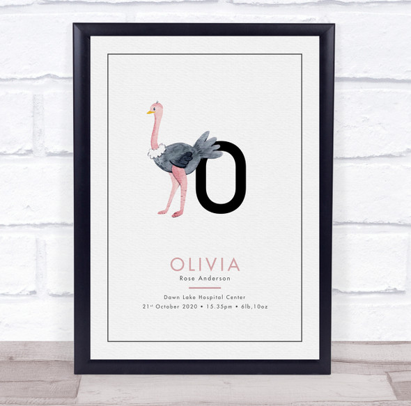 New Baby Birth Details Christening Nursery Initial O Ostrich Keepsake Gift Print