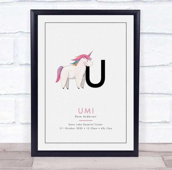 New Baby Birth Details Christening Nursery Initial Unicorn U Keepsake Gift Print