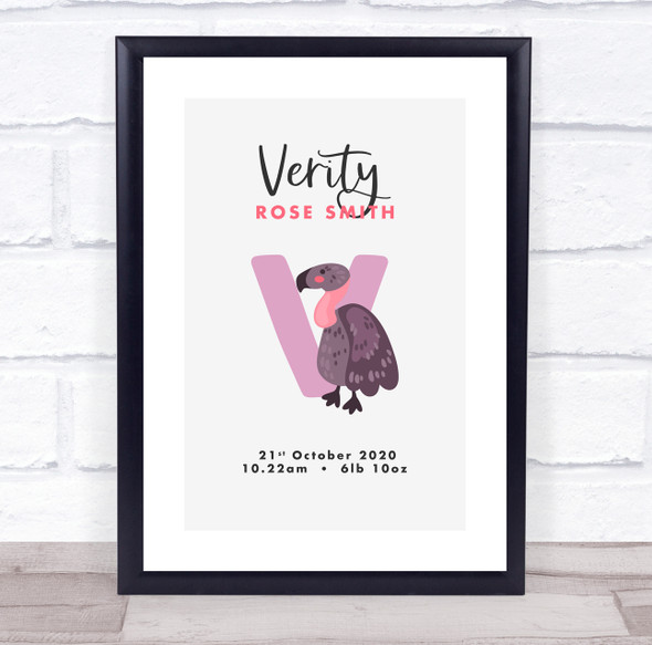 New Baby Birth Details Christening Nursery Initial V Vulture Keepsake Gift Print