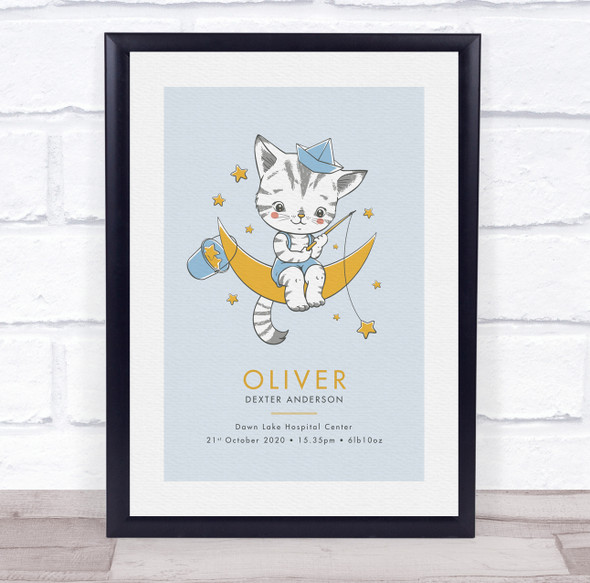 New Baby Birth Details New-born Christening Nursery Cat Moon Keepsake Gift Print