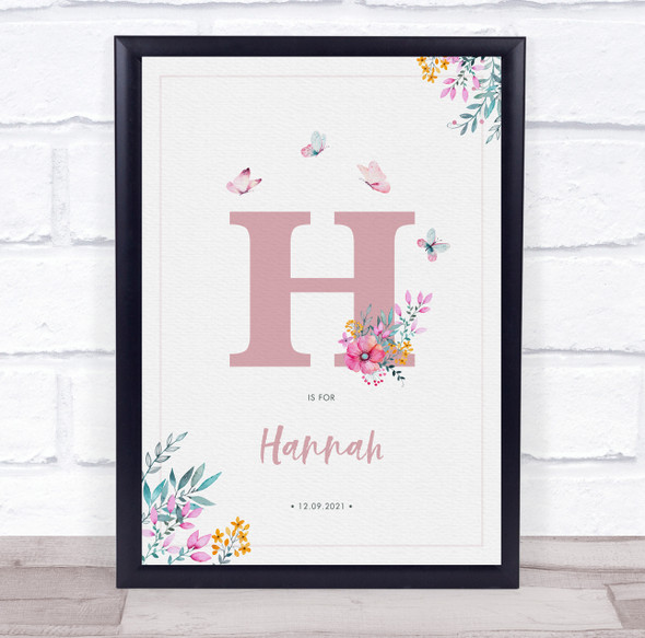 Pink Initial H Watercolour Flowers Baby Birth Details Nursery Christening Print