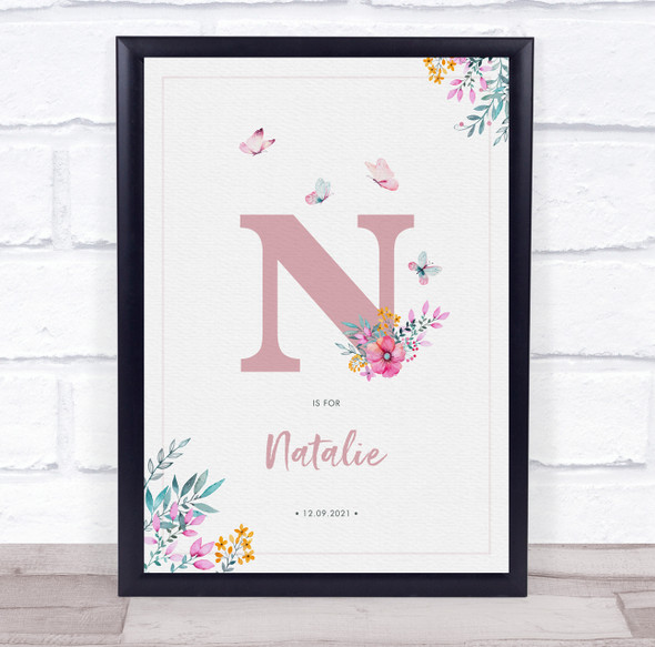 Pink Initial N Watercolour Flowers Baby Birth Details Nursery Christening Print