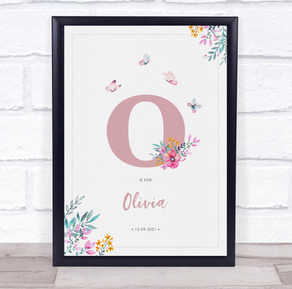 Pink Initial O Watercolour Flowers Baby Birth Details Nursery Christening Print