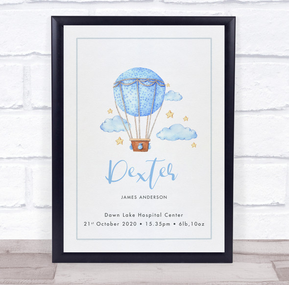 New Baby Birth Details Christening Nursery Blue Air Balloon Keepsake Gift Print