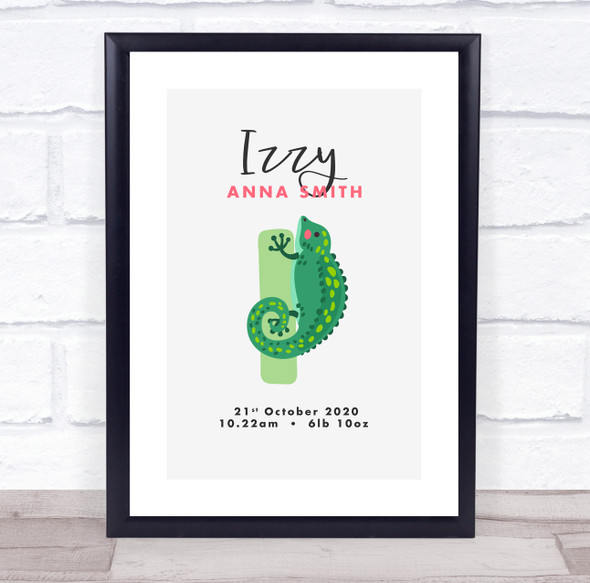 New Baby Birth Details Christening Nursery Initial I Iguana Keepsake Gift Print