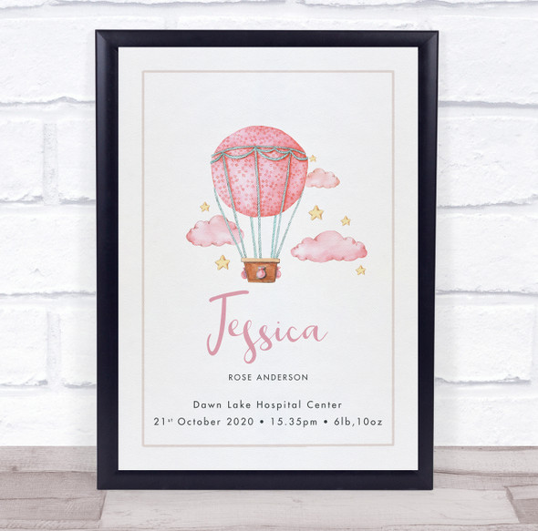 New Baby Birth Details Christening Nursery Pink Air Balloon Keepsake Gift Print