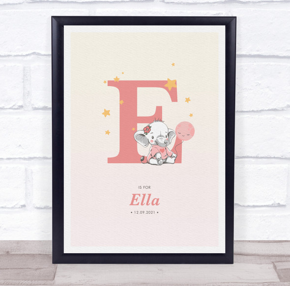 Pink Baby Girl Elephant Initial E Baby Birth Details Nursery Christening Print