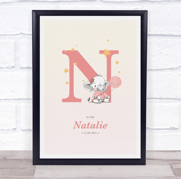 Pink Baby Girl Elephant Initial N Baby Birth Details Nursery Christening Print