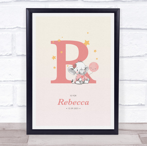 Pink Baby Girl Elephant Initial R Baby Birth Details Nursery Christening Print