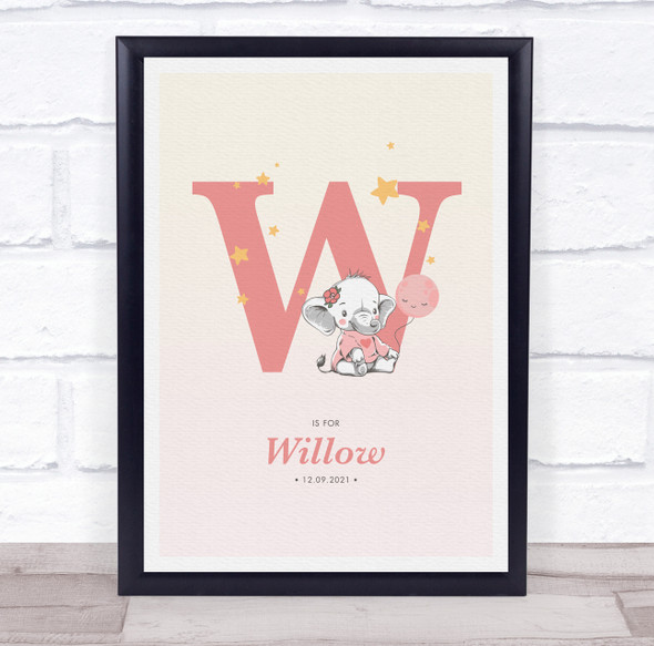 Pink Baby Girl Elephant Initial W Baby Birth Details Nursery Christening Print