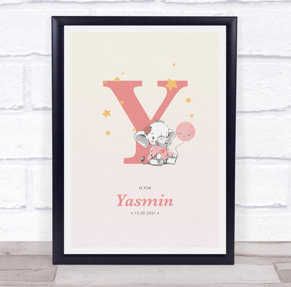 Pink Baby Girl Elephant Initial Y Baby Birth Details Nursery Christening Print