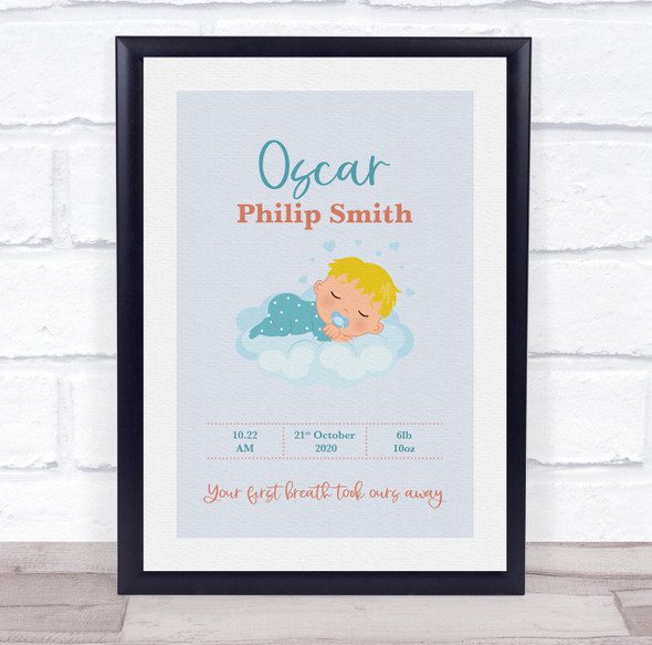 New Baby Birth Details Christening Nursery Blonde Hair Boy Keepsake Gift Print