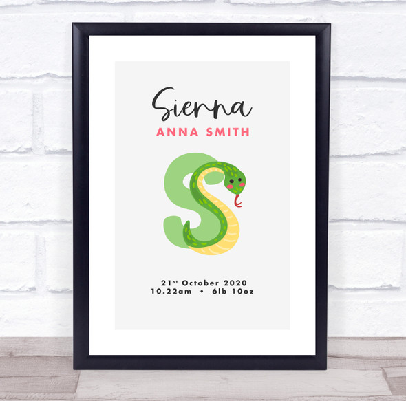 New Baby Birth Details Christening Nursery Initial S Snake Keepsake Gift Print