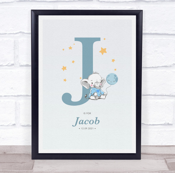 New Baby Birth Details Christening Nursery Blue Elephant Initial J Gift Print