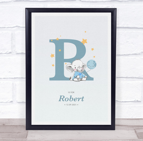 New Baby Birth Details Christening Nursery Blue Elephant Initial R Gift Print