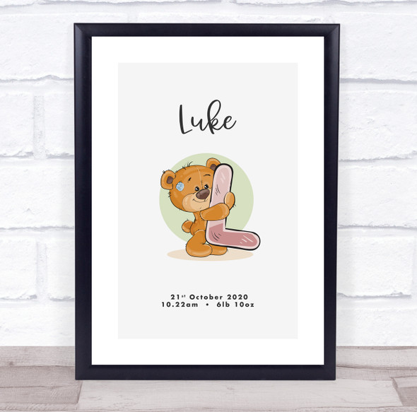 New Baby Birth Details Christening Nursery Bear Initial L Keepsake Gift Print