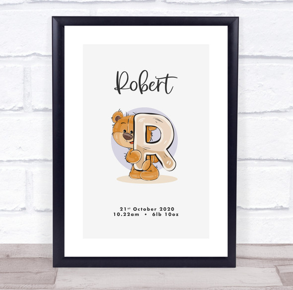 New Baby Birth Details Christening Nursery Bear Initial R Keepsake Gift Print