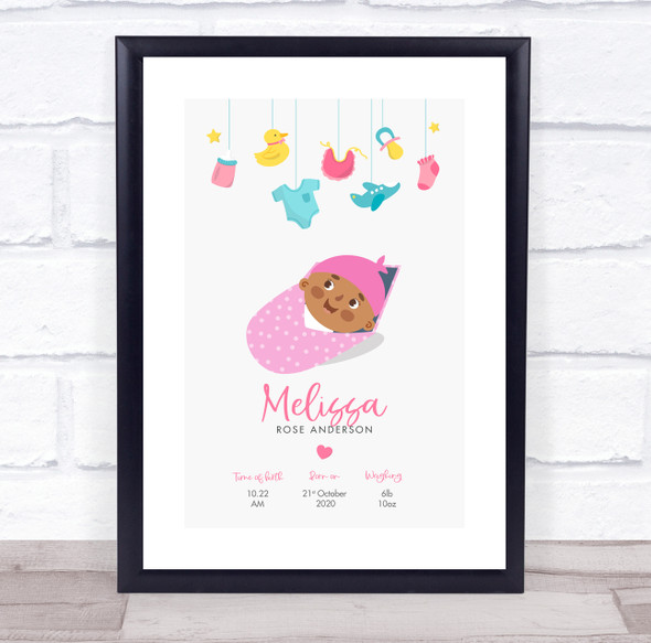 New Baby Birth Details Christening Nursery Girl Dark Skin Keepsake Gift Print