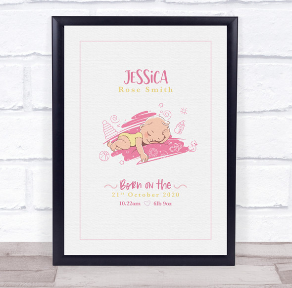 New Baby Birth Details Christening Nursery Girl On Pillow Keepsake Gift Print