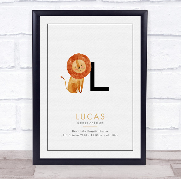 New Baby Birth Details Christening Nursery Initial L Lion Keepsake Gift Print