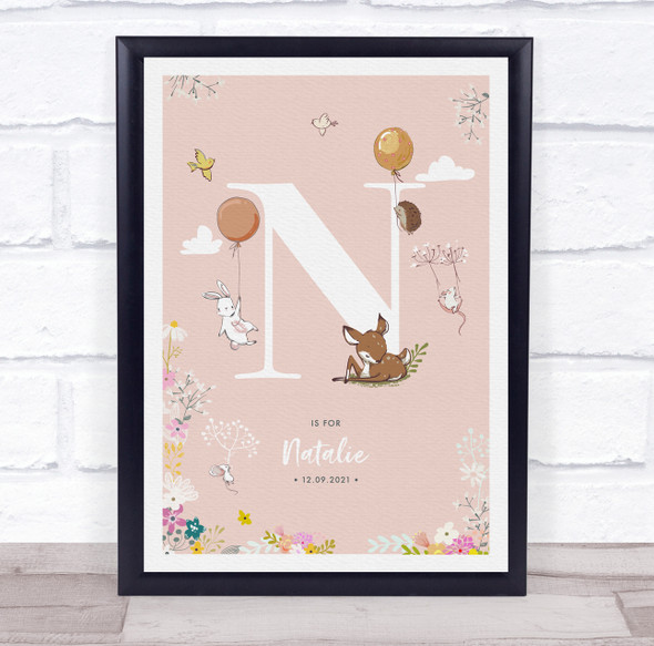 Baby Birth Details Nursery Christening Woodland Animals Pink Initial N Print