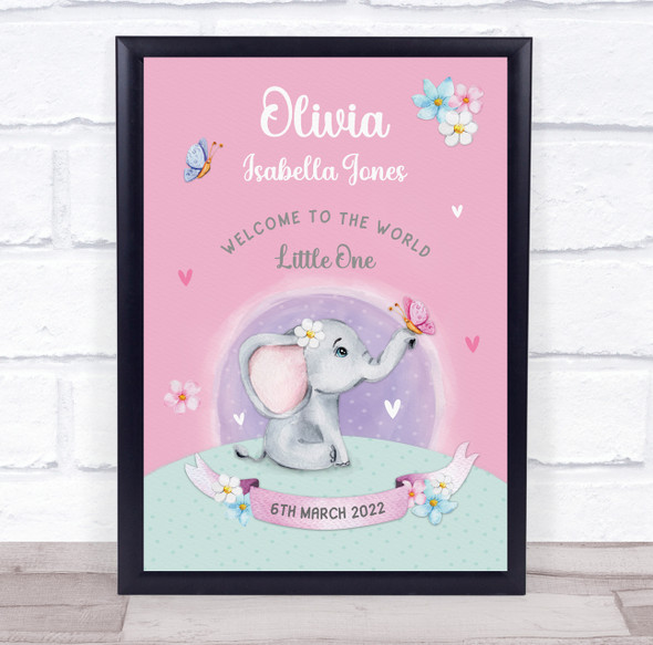 Elephant Pink New Baby Birth Details Nursery Christening Keepsake Gift Print