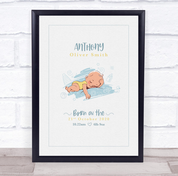 New Baby Birth Details Christening Nursery Boy On Pillow Keepsake Gift Print