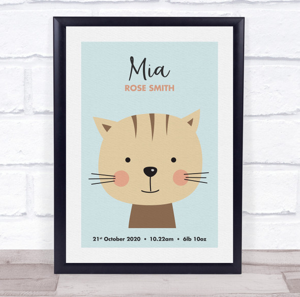 New Baby Birth Details Nursery Christening Cute Cat Face Keepsake Gift Print