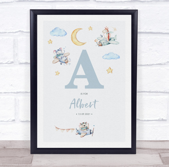 New Baby Birth Details Nursery Christening Blue Planes Initial A Gift Print