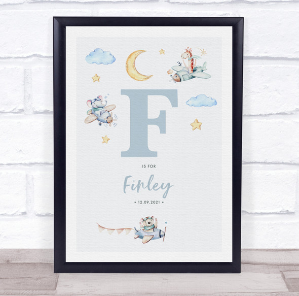 New Baby Birth Details Nursery Christening Blue Planes Initial F Gift Print