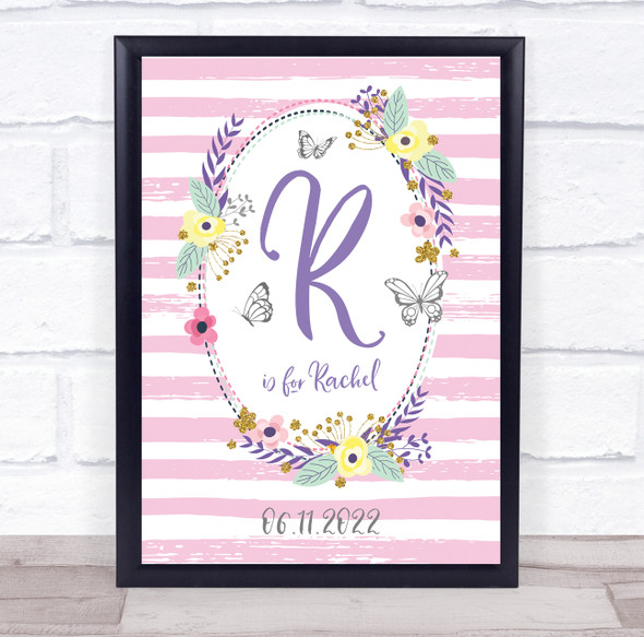 Any Initials Birthday Date Name Pink Floral Butterflies Keepsake Gift Print