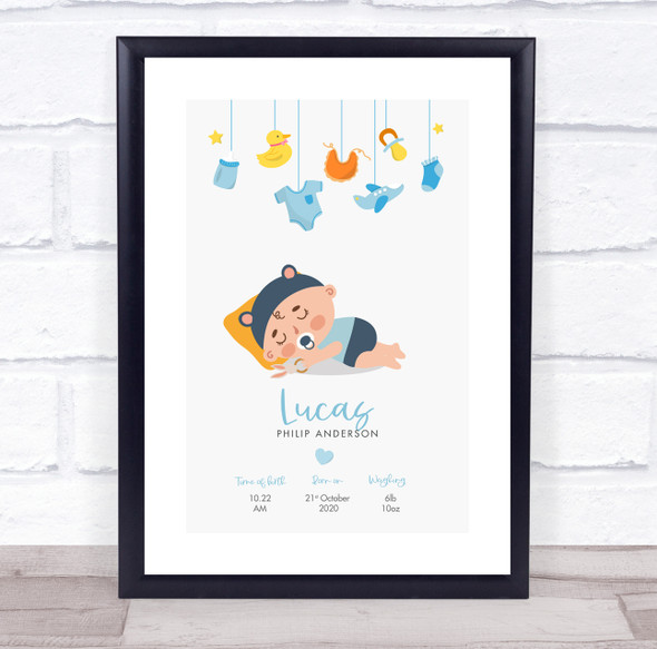 New Baby Birth Details Christening Nursery Sleeping Boy Keepsake Gift Print