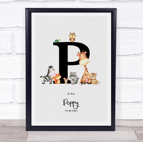 New Baby Birth Details Nursery Jungle Animals Initial P Keepsake Gift Print